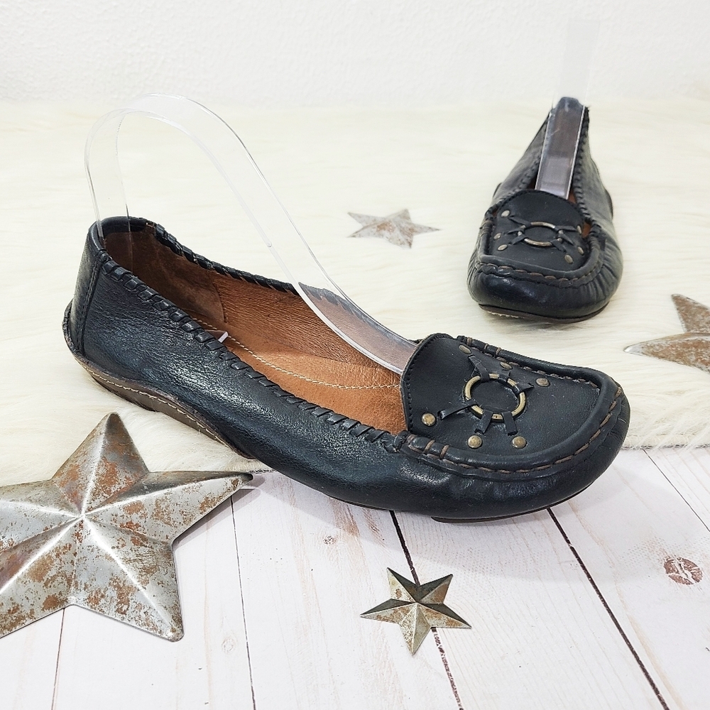 Frye Laney ring driving moccasin loafers black leather women's size 8.5